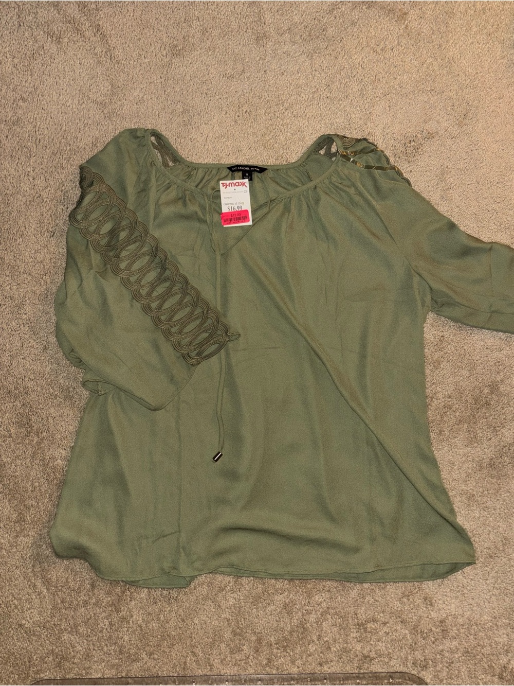 Zac & Rachel Olive Green Peasant Blouse with Lace Loop Sleeves